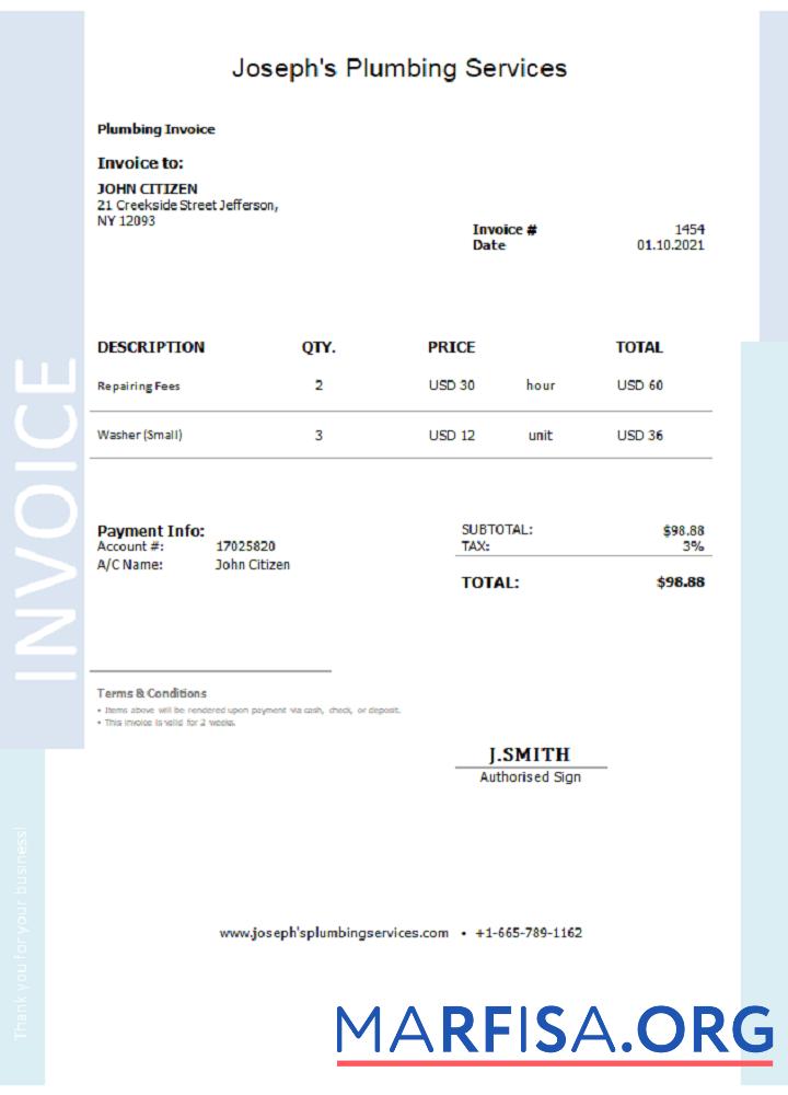 Printable USA Joseph’s Plumbing Services invoice real example